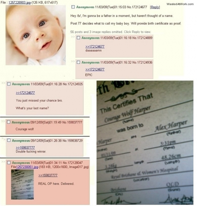 Baby named Courage Wolf on 4chan